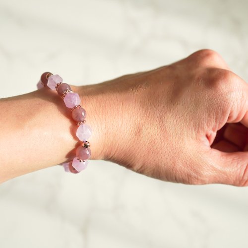 薰衣草紫晶紫馬粉晶14KGF彈性手鍊