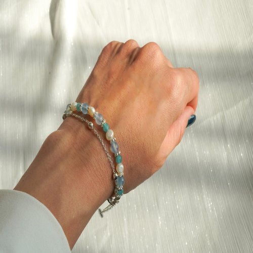 天河石海藍寶淡水珠14KGF手鏈