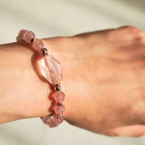 粉晶切面草莓晶925純銀手鍊