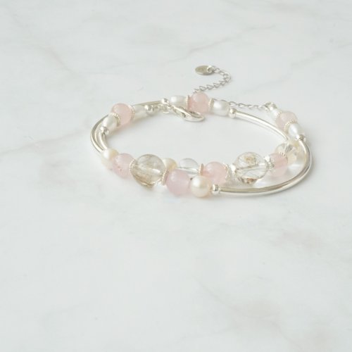 銀髮晶芙蓉粉晶白水晶淡水珍珠925純銀雙鏈