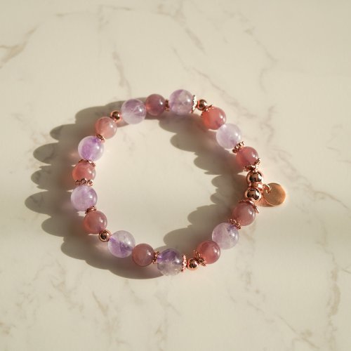 薰衣草紫晶紫馬粉晶14KGF彈性手鍊