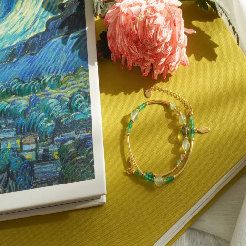 綠髪晶葡萄石綠瑪瑙925純銀包金雙圈手鏈