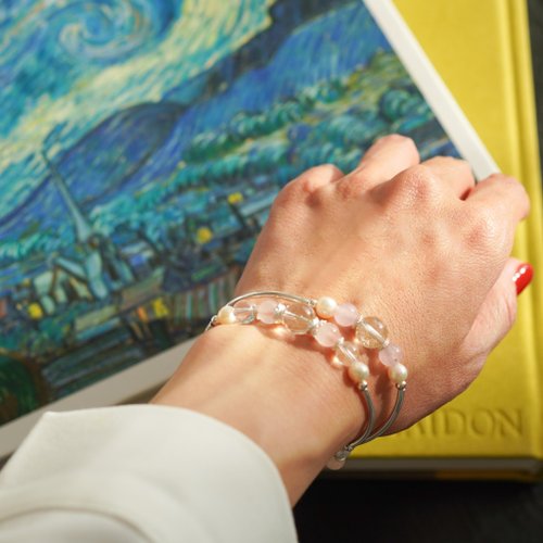 銀髮晶芙蓉粉晶白水晶淡水珍珠925純銀雙鏈