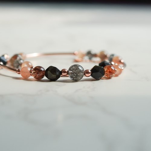 黑髮晶太陽石金曜石黑金超七925純銀包玫瑰金雙鏈