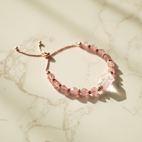 粉晶切面草莓晶925純銀手鍊