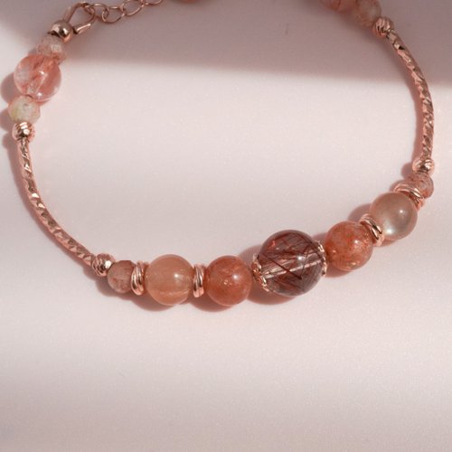 銅髪晶金草莓太陽石紅膠花925純銀包玫瑰金手鏈